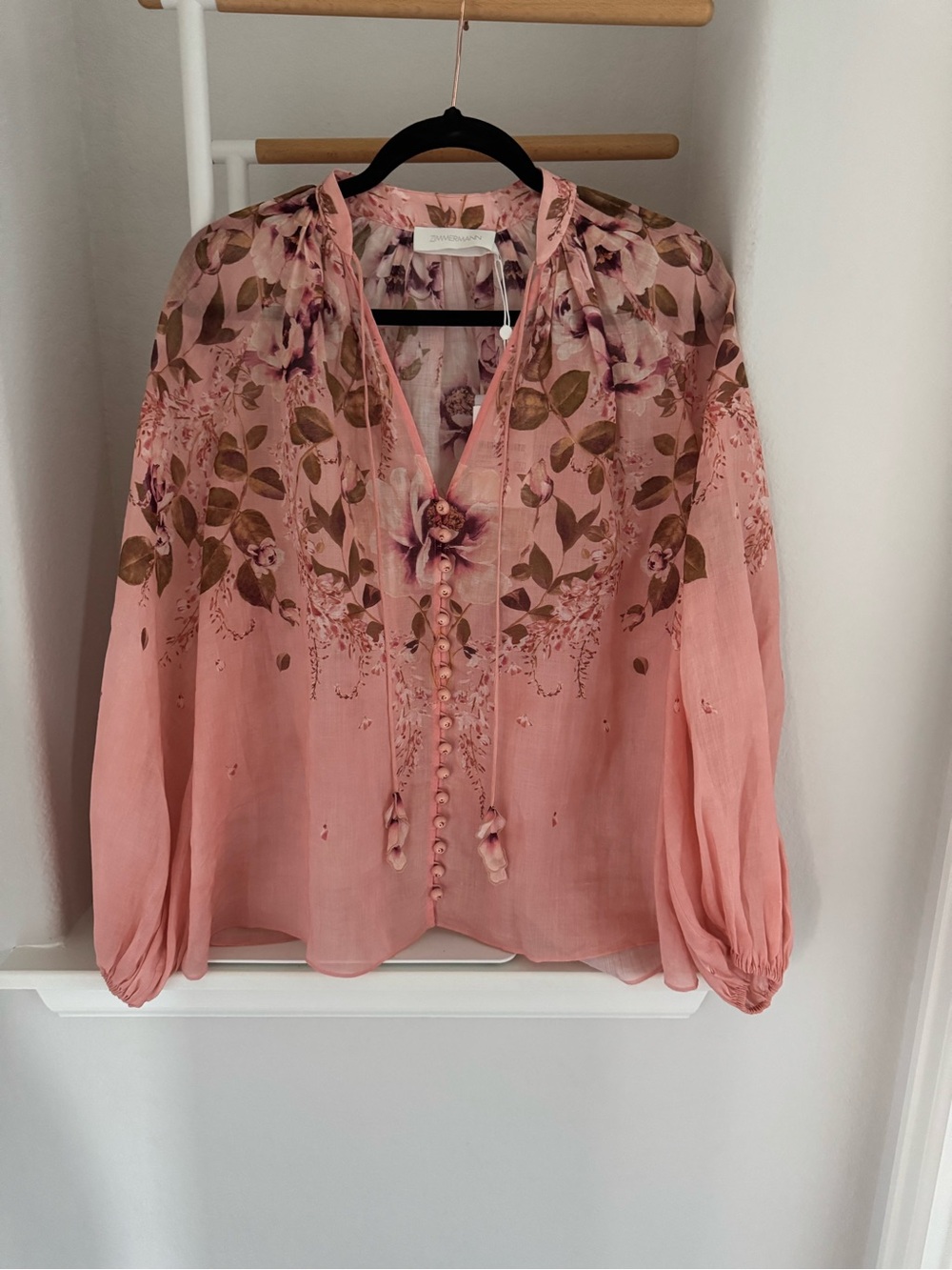 Zimmermann Pink Floral Tie-Neck Blouse
